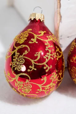 6ct Glass Drop Christmas Red & Red Velvet with Gold Floral Glitterlace