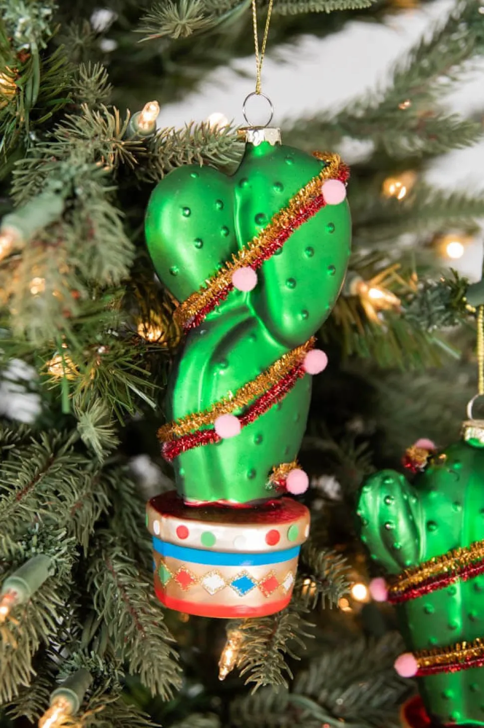 6” - 7" Glass Cactus With Pom Pom Ornament