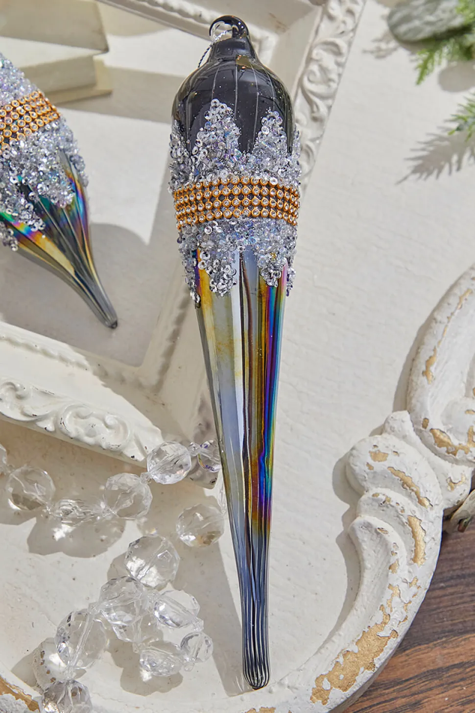 10" Glass Iridescent Jewel Finial Large Ornament