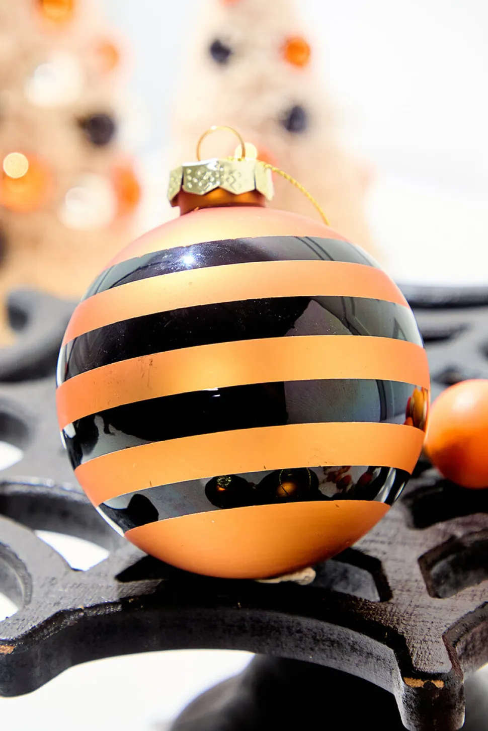 3" Glass Orange Stripe Halloween Ball Ornament Box - Set of 3