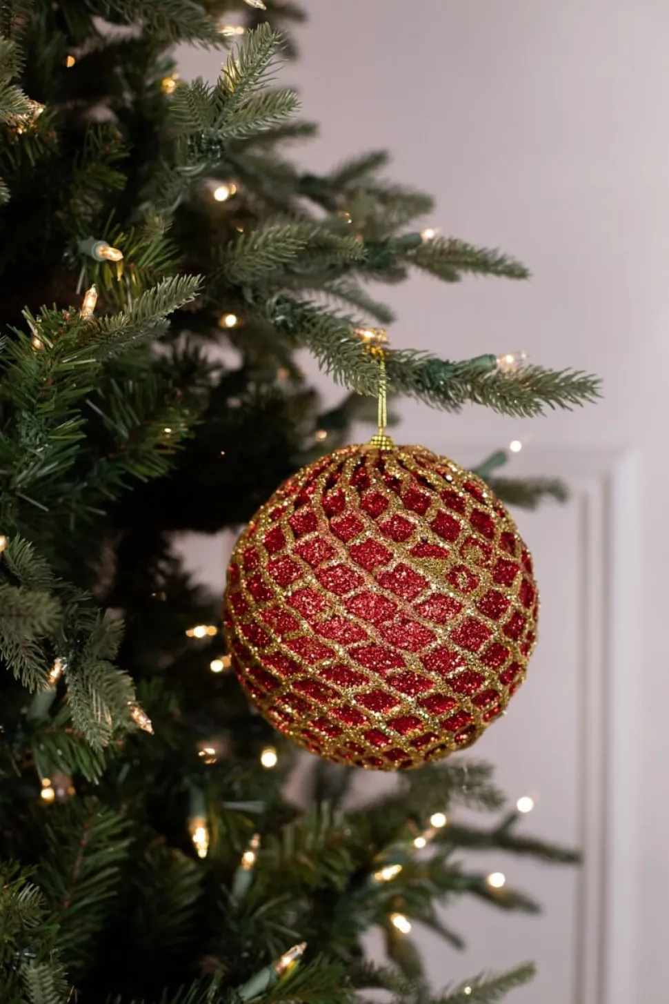 6” Glittered 2 Tone Net Ball Christmas Ornaments - Red/Gold
