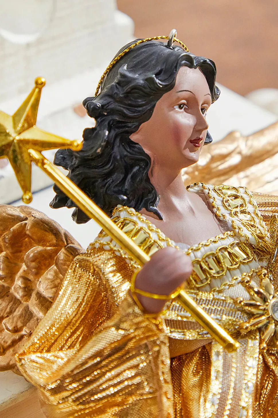 9" Gold Fabric Flying Black Angel Ornament