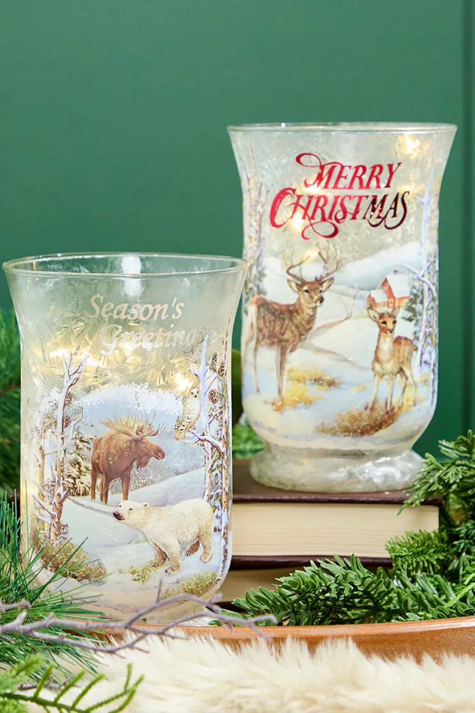 8"H B/O Lighted Glass Deer/Moose Design Hurricane Luminary
