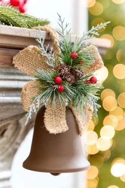 4" Holly & Pinecone Metal Bell Ornament