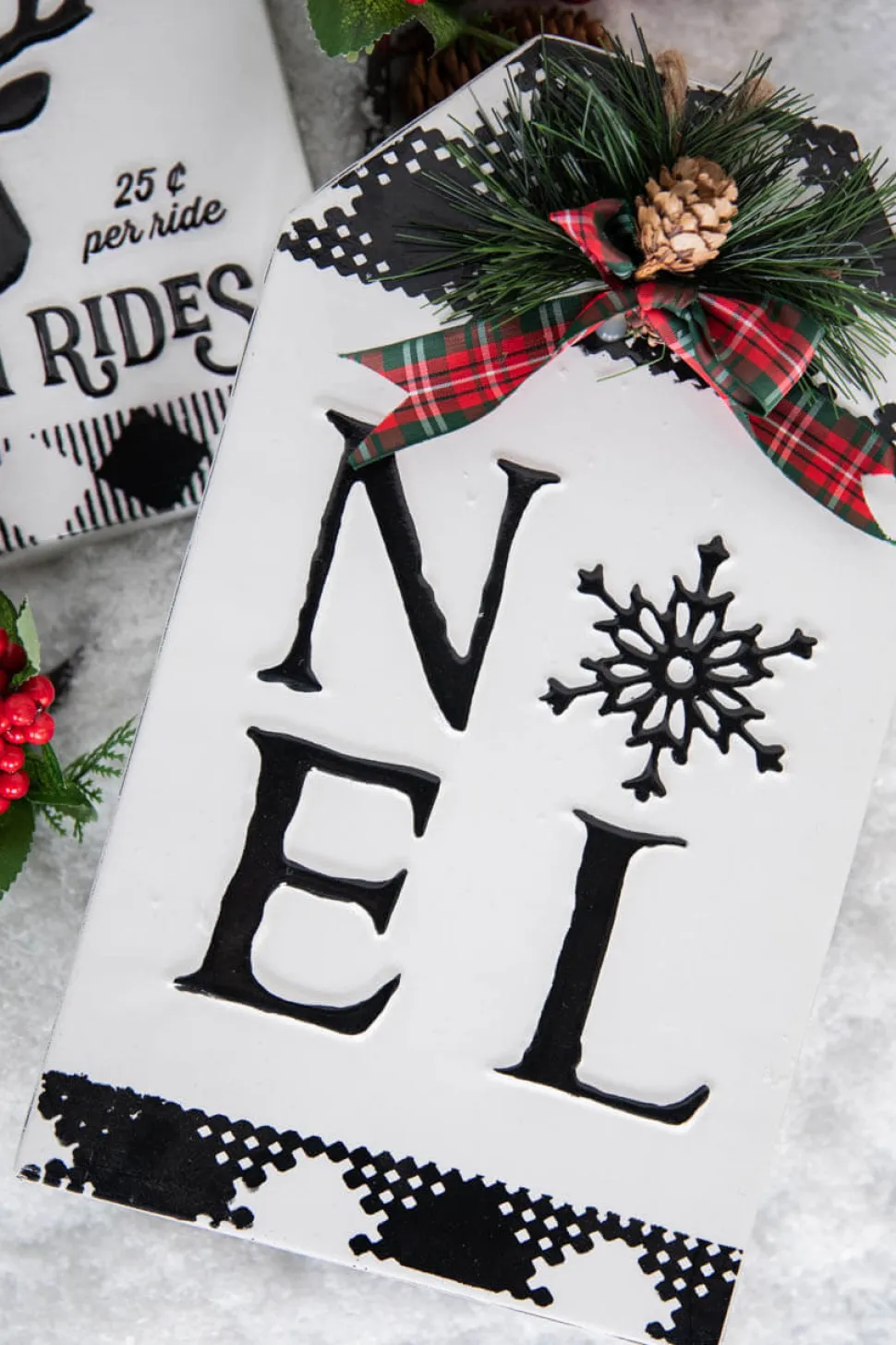 12” Metal Embossed Holiday Wall Sign with Floral Accent