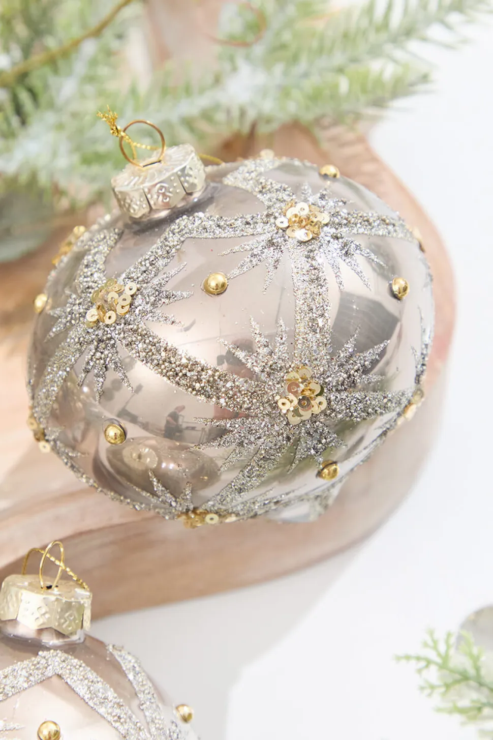4" Metallic Taupe & Glitter Glass Ornament