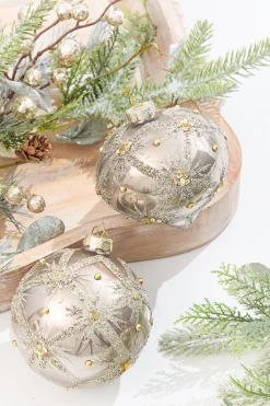 4" Metallic Taupe & Glitter Glass Ornament