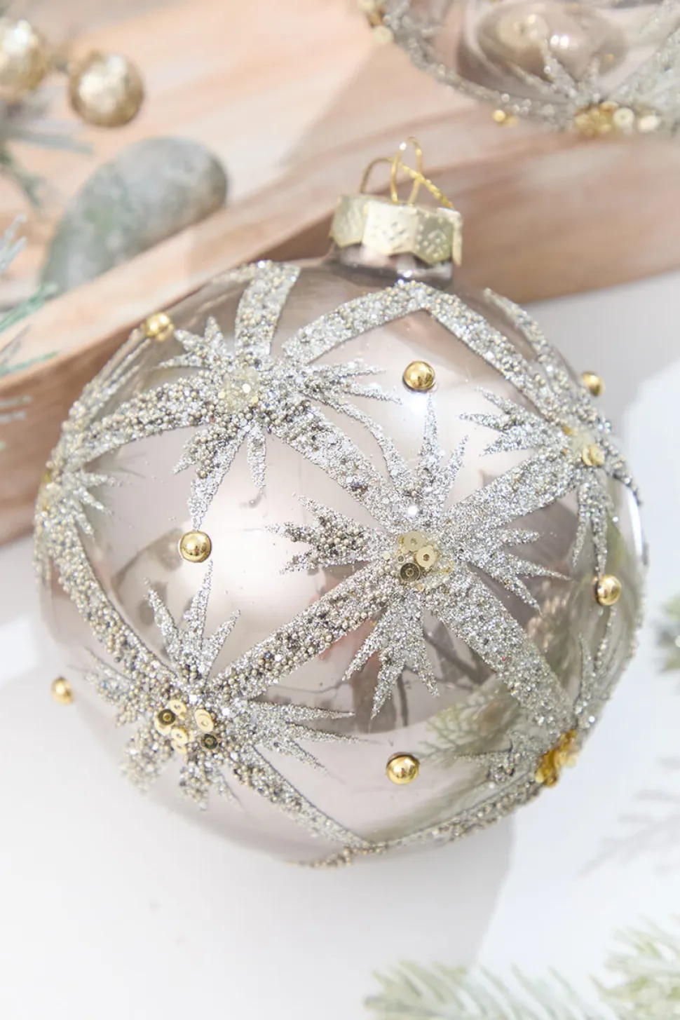 4" Metallic Taupe & Glitter Glass Ornament