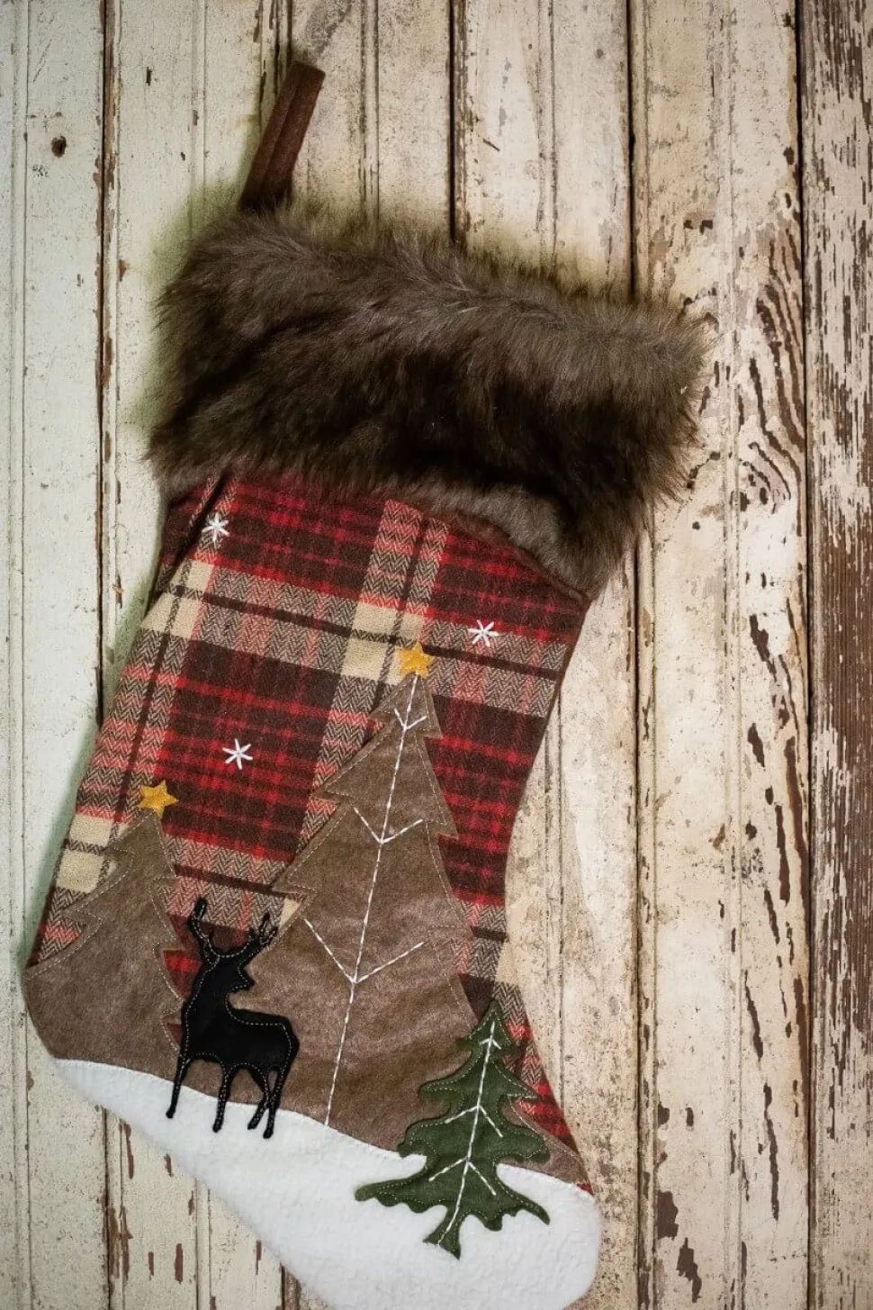 20” Plaid Deer Stocking with Faux Fur Cuff