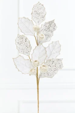 27" Platinum Glitter Berry Leaf Spray