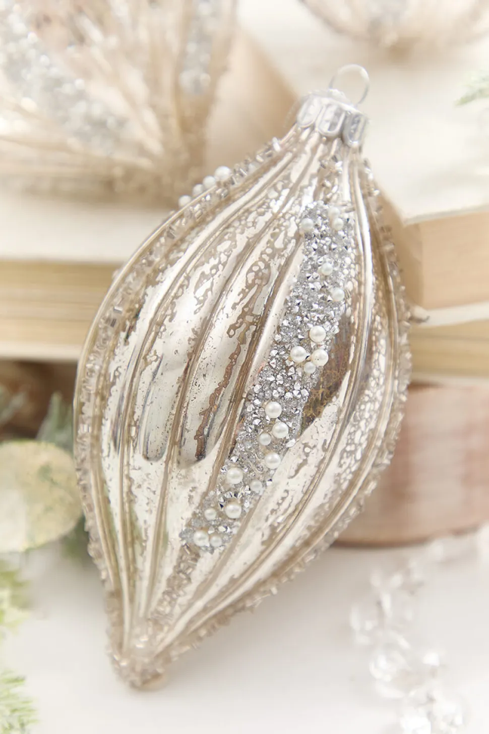 4" - 6" Platinum Mercury Glass Glitter Stripe Ornament