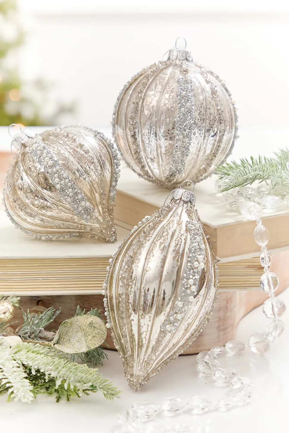4" - 6" Platinum Mercury Glass Glitter Stripe Ornament