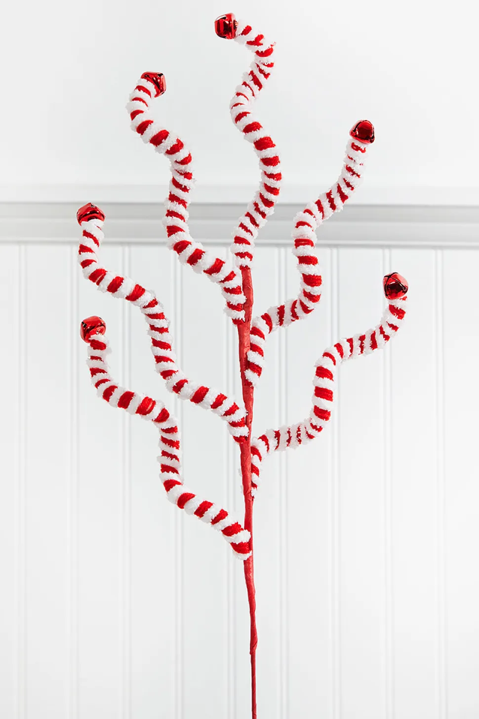 24" Red and White Fabric Peppermint Stripe Jingle Bell Spray
