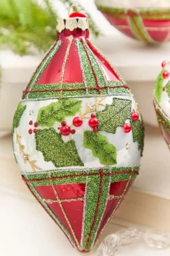 4" - 6" Red & Green Plaid & Holly Glass Ornament