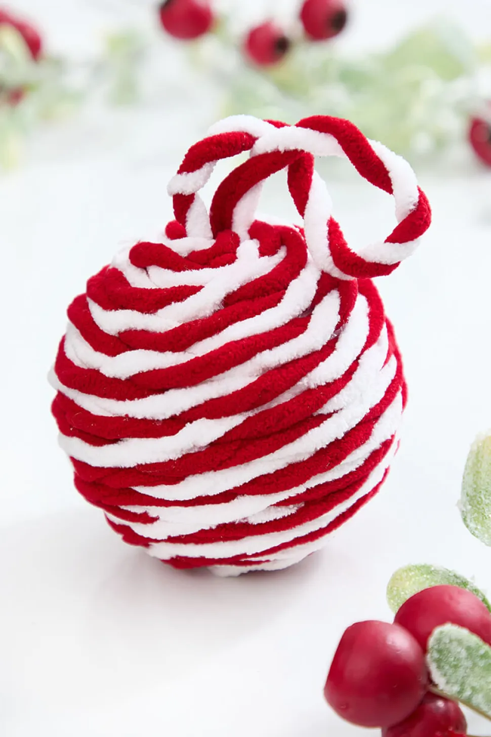 4" Red & White Plush Ball Ornament
