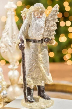 12" Resin Glitter Vintage Santa With Tree And Staff