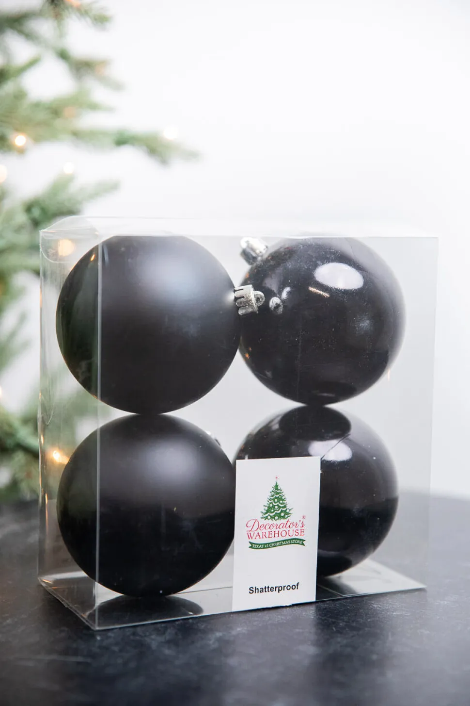 3.9” Shiny/Matte Black Shatterproof Ornaments - Set of 4