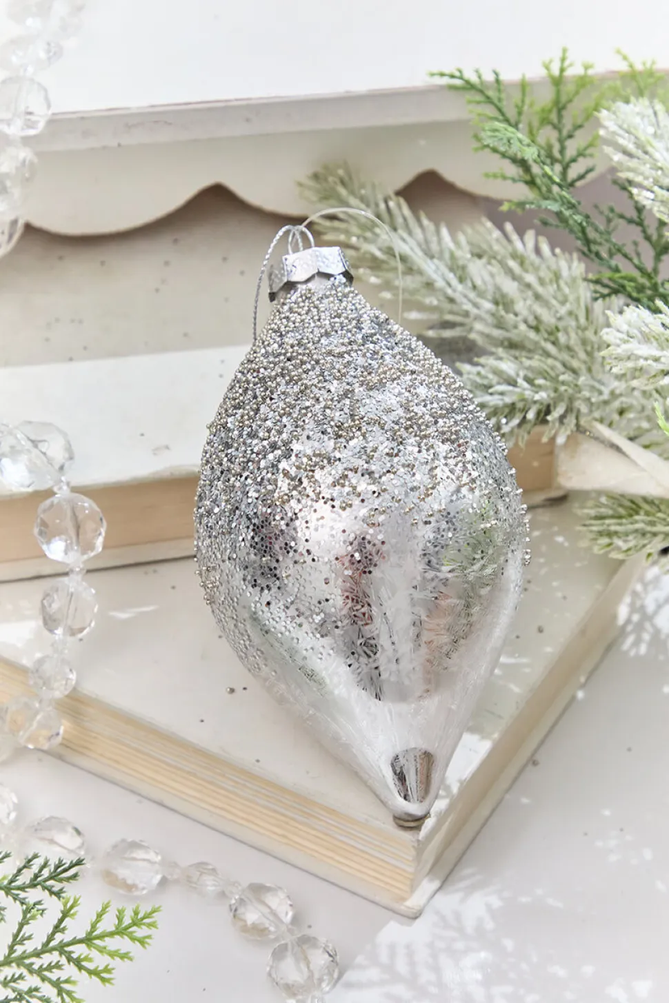 4" - 4.5" Silver Beaded Glass Ornament