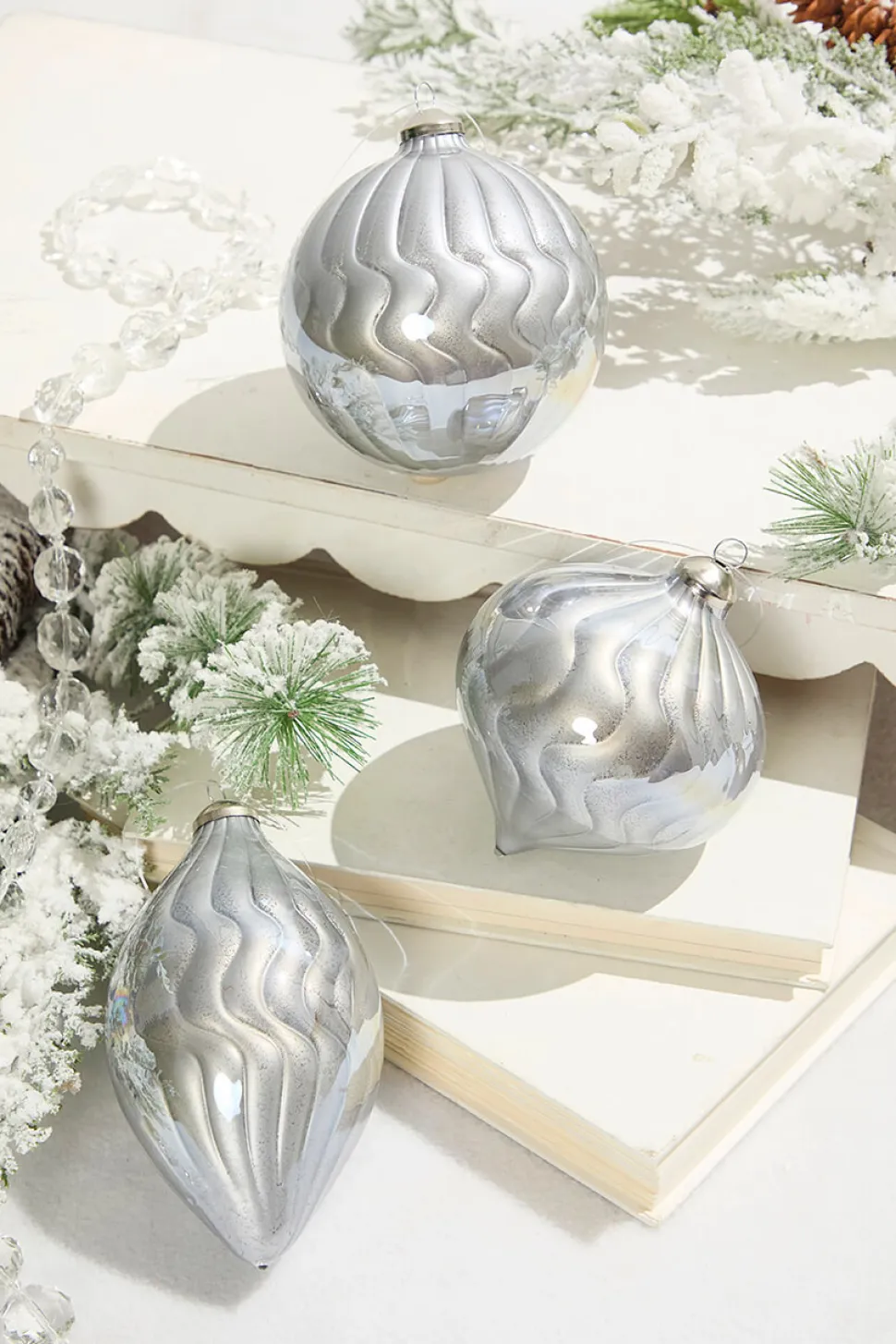 5"- 6" Silver Pearlescent Glass Ornament
