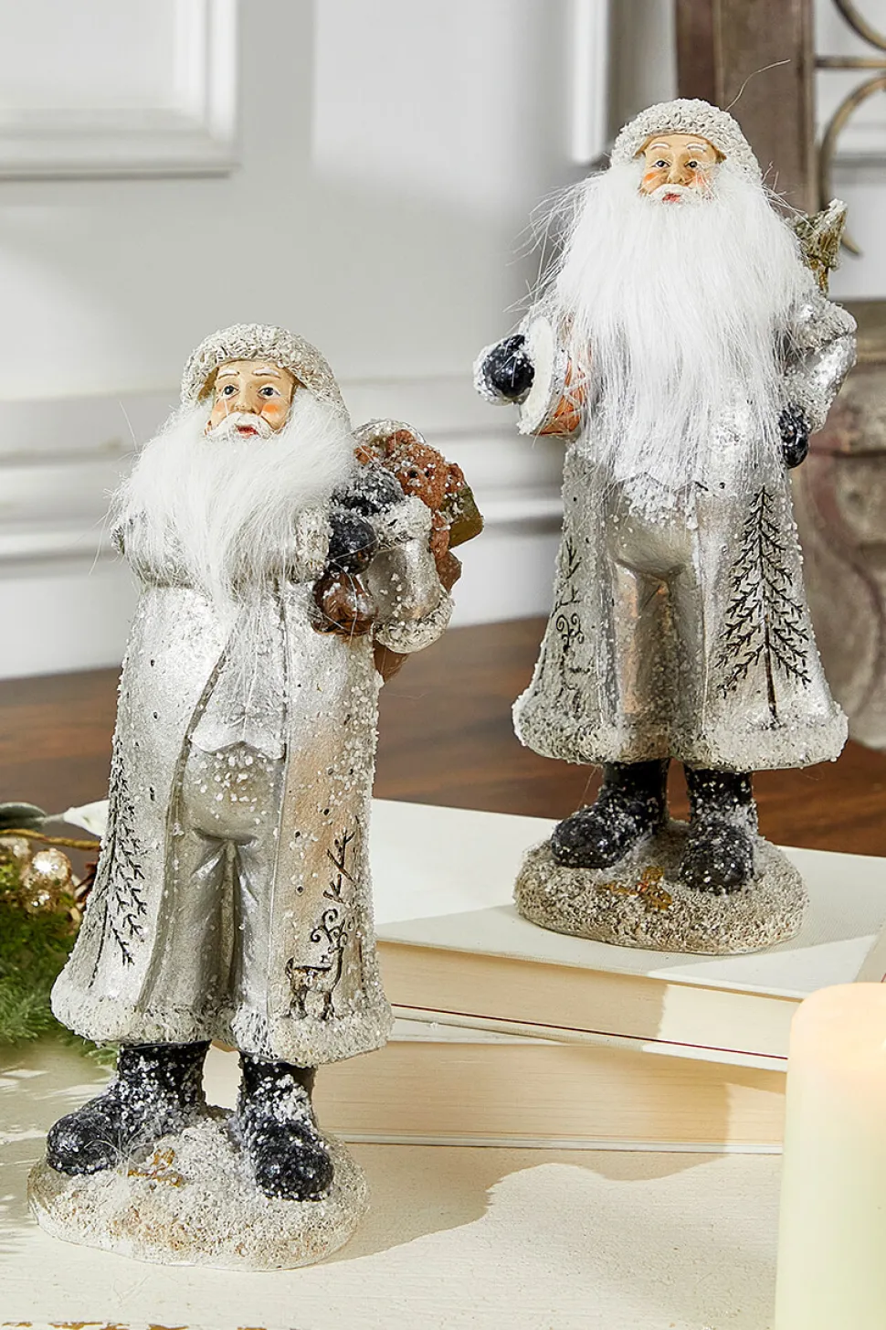 Small Resin Silver Snow Santa Figurine