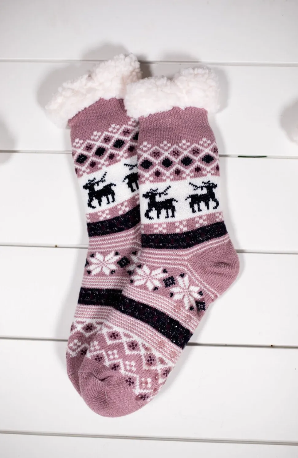 Snowflake Sparkle Deer Thermal Slipper Socks with Non-Slip Grippers
