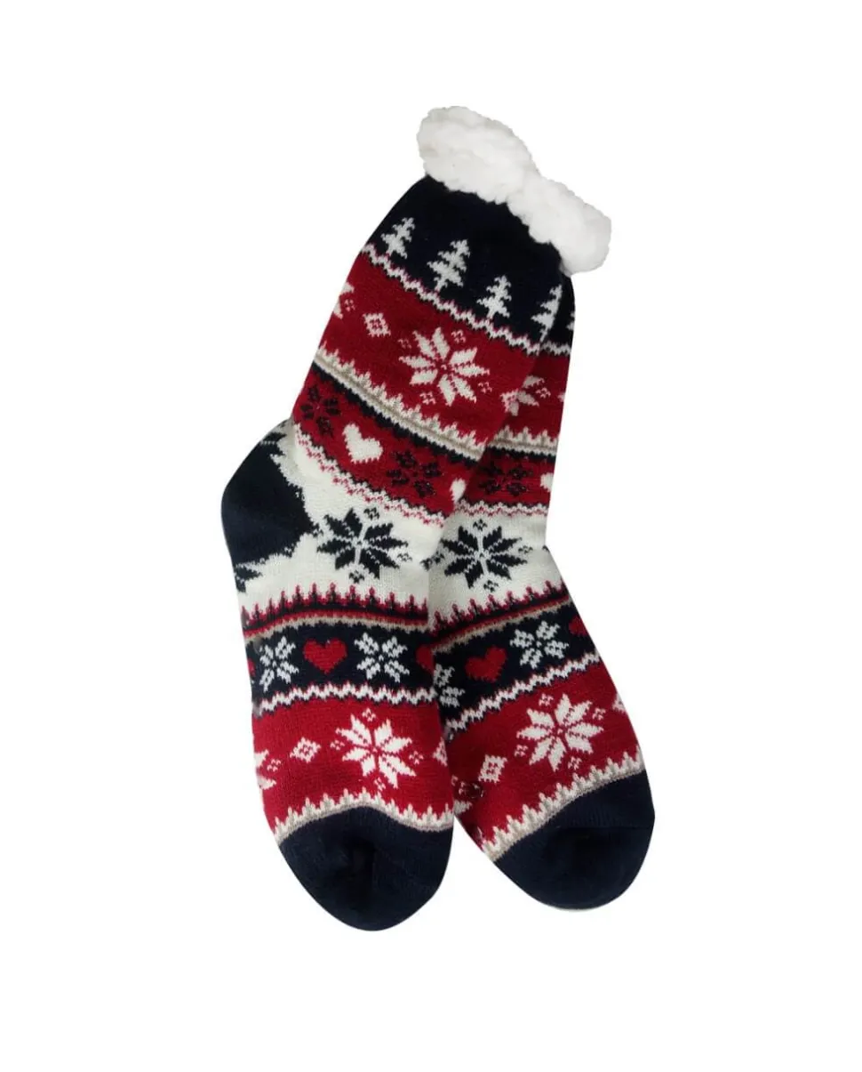 Snowflake, Tree & Heart Knit Thermal Slipper Socks with Non-Slip Grippers