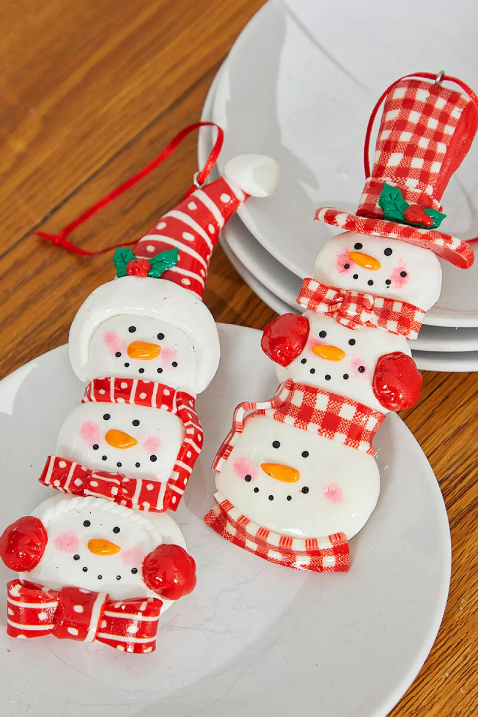 6" Snowman with Plaid or Polka Dot Hat Resin Ornament