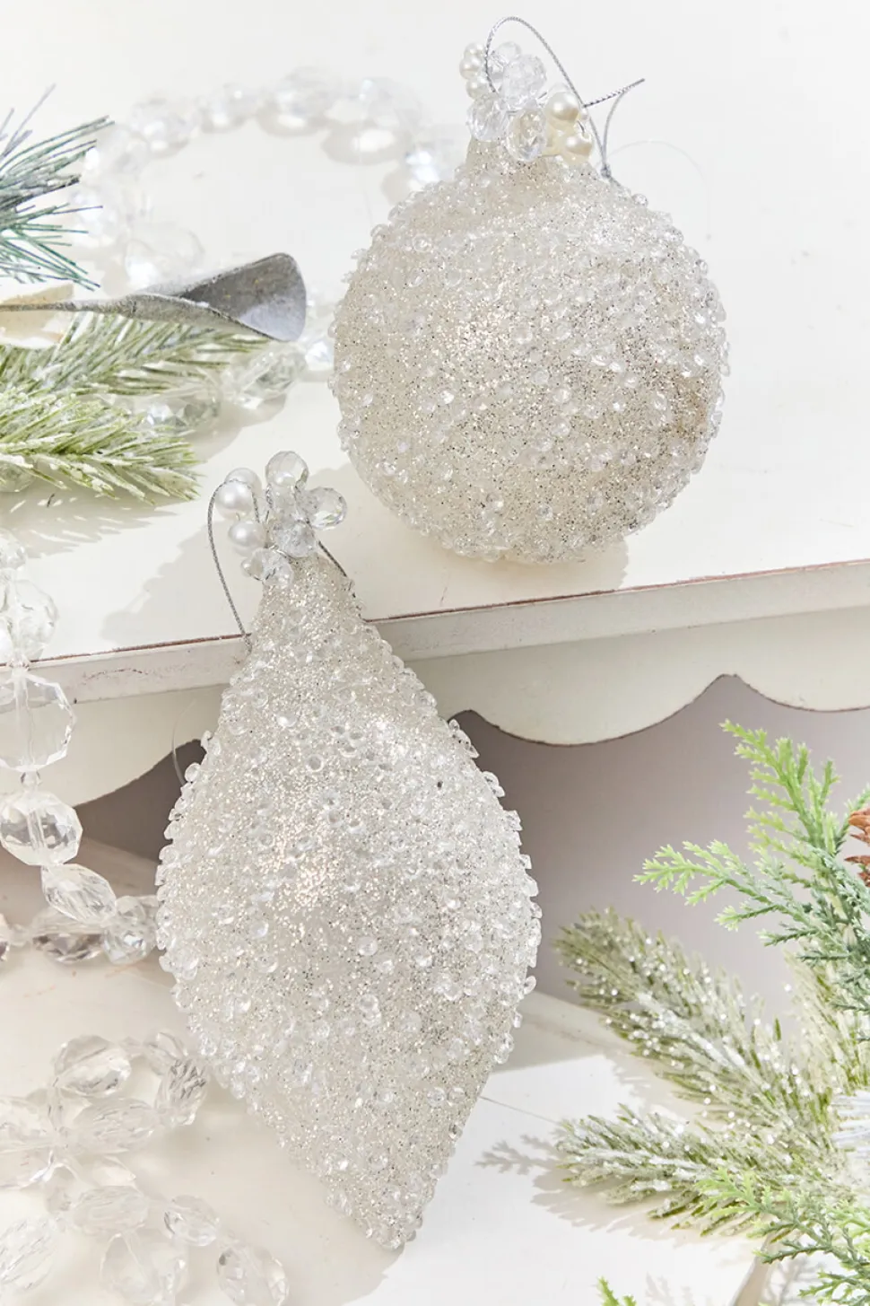 4" - 6" White Beaded Glass Ornament