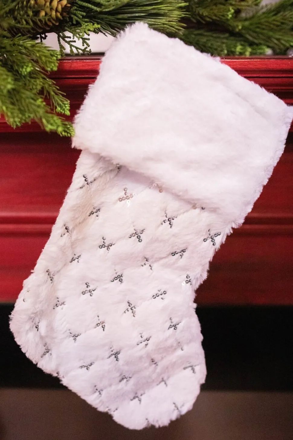 20” White Fur Stocking with Silver Accents