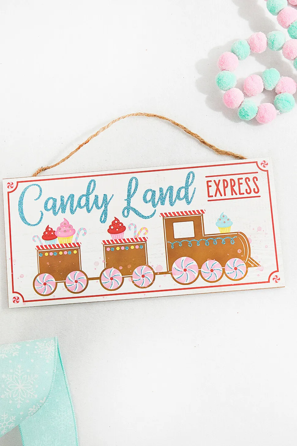 12" White Tan Turquoise Pink Red "Candy Land Express" Sign