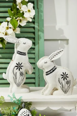 8" - 10" White With Black Bunny Resin Figure - Set of 2