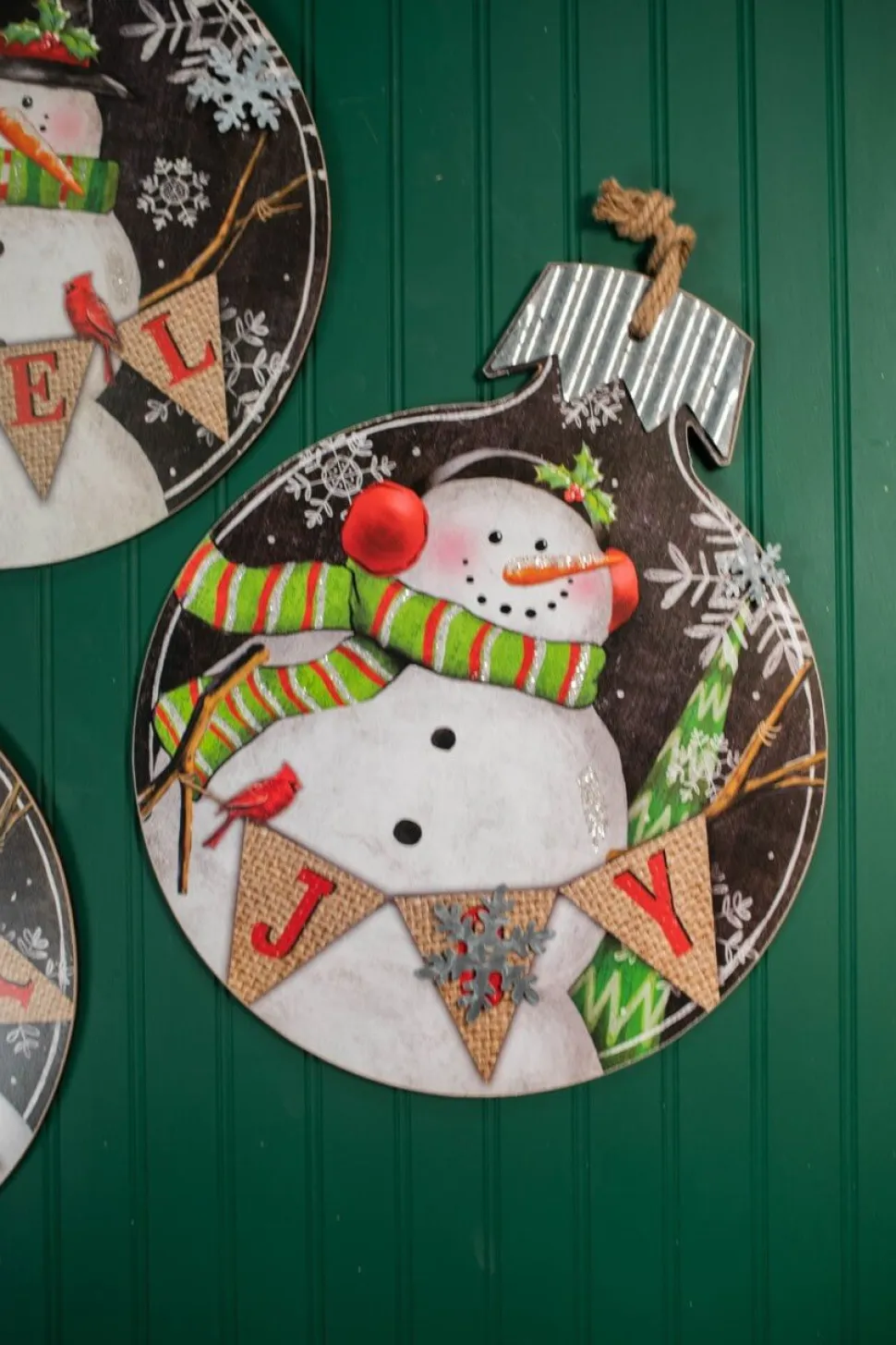 18.9” Wood and Metal Snowman Ornament Plaque