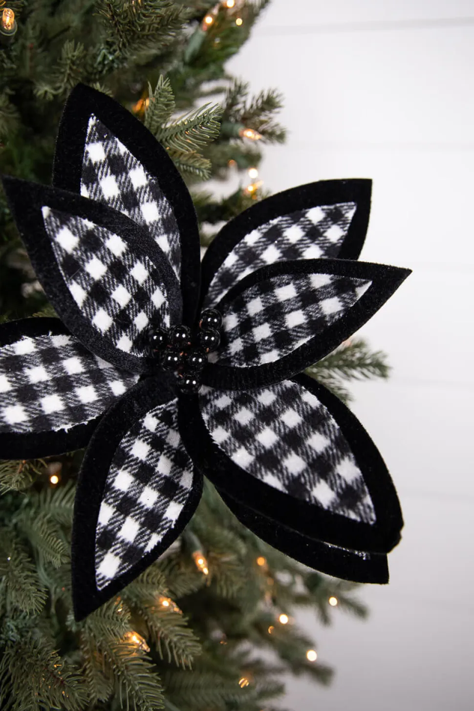 21” x 12" Black and White Plaid Poinsettia Stem with Black Berries
