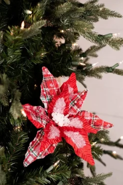 34” x 13" Frost Snowflake Plaid Velvet Poinsettia Stem