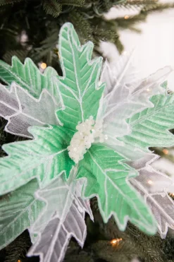 24” x 13" Green & White Frosted Glitter Poinsettia Stem