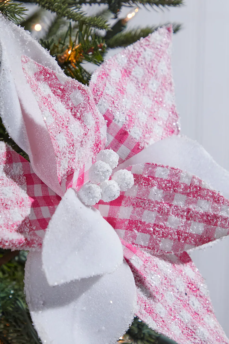 19" x 12" Pink & White Checkered Poinsettia Pick