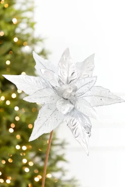 24" x 10" Silver Glitter Edge & Bead Poinsettia Stem