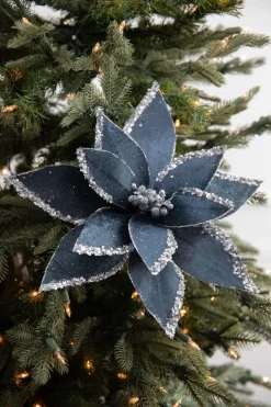 22” x 12.5" Velvet Glitter Poinsettia Stem - Blue and Grey