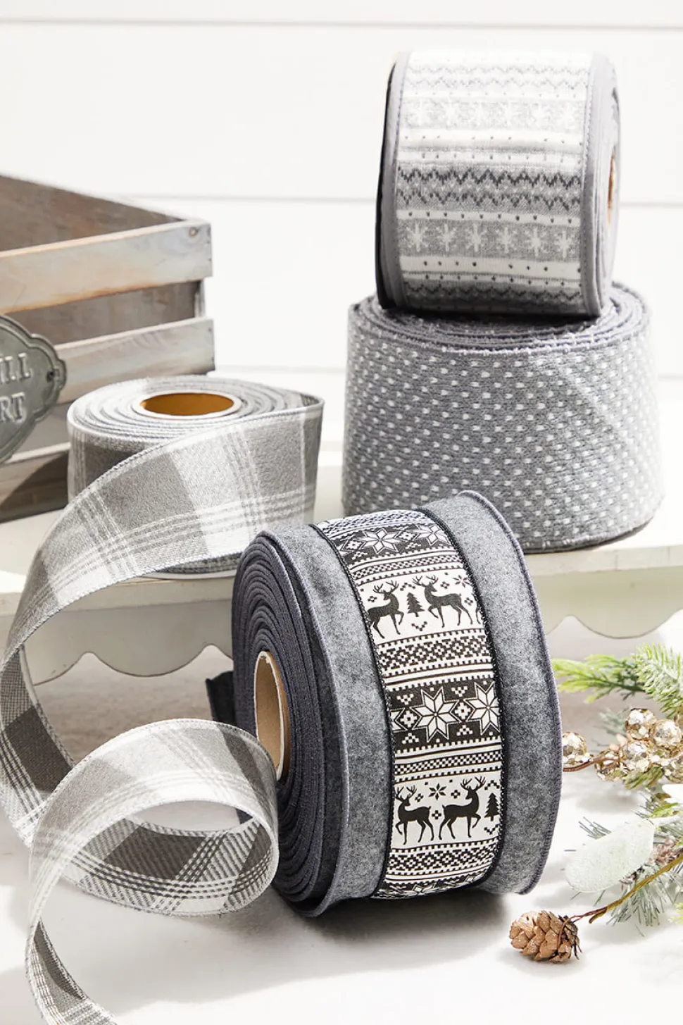 4” x 10 Yard Gray Wool Edge Scandinavian Center Stripe Ribbon