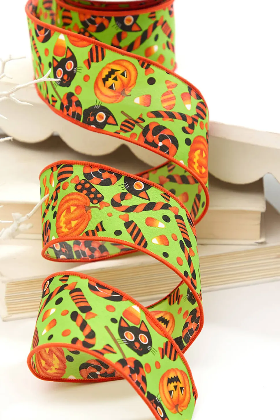 2.5" x 10 Yard Green & Orange Pumpkin, Cat & Candy Halloween Ribbon