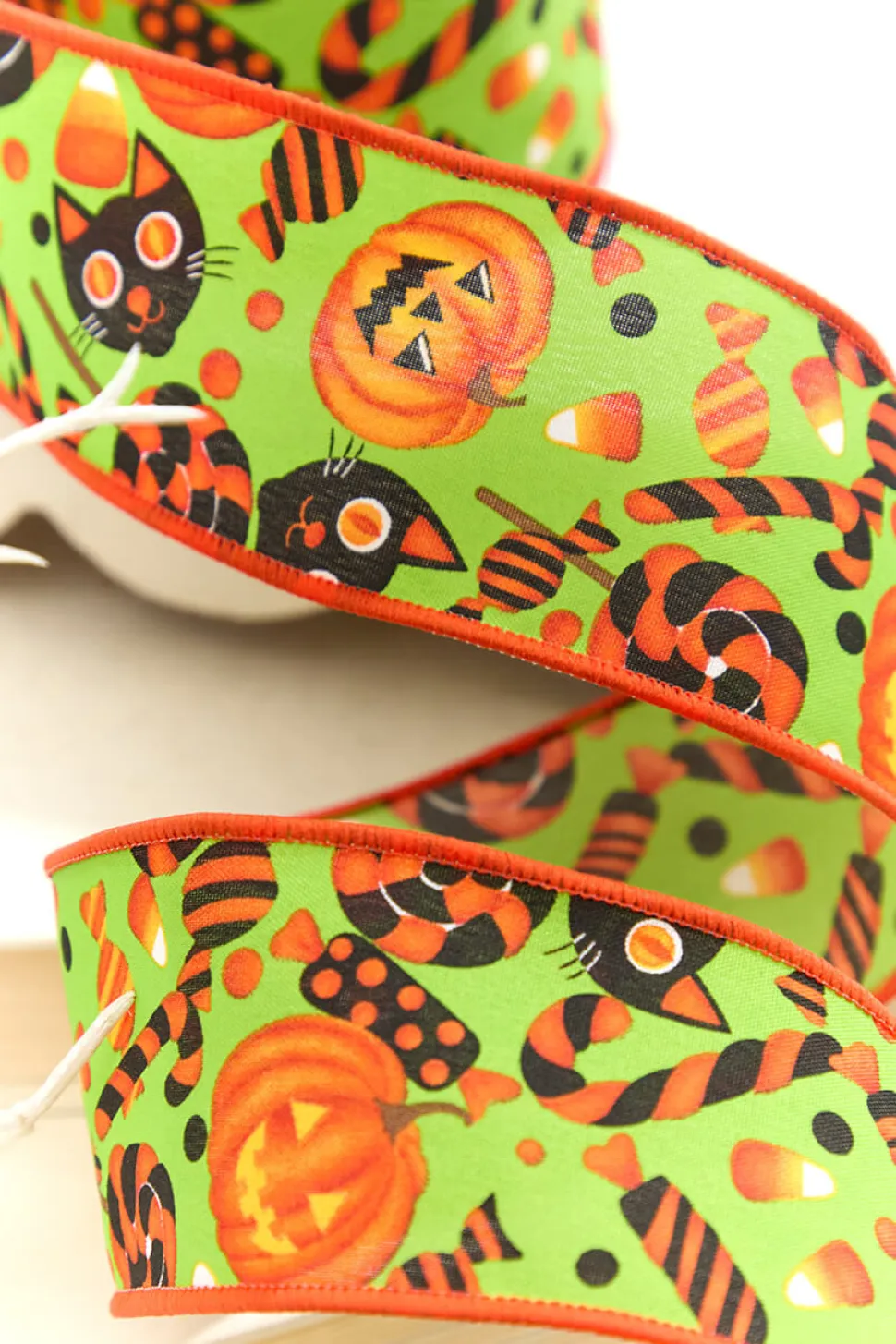 2.5" x 10 Yard Green & Orange Pumpkin, Cat & Candy Halloween Ribbon