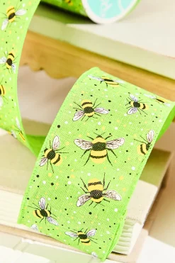 2.5" x 10 Yard Green Ribbon with Bees And Speckles
