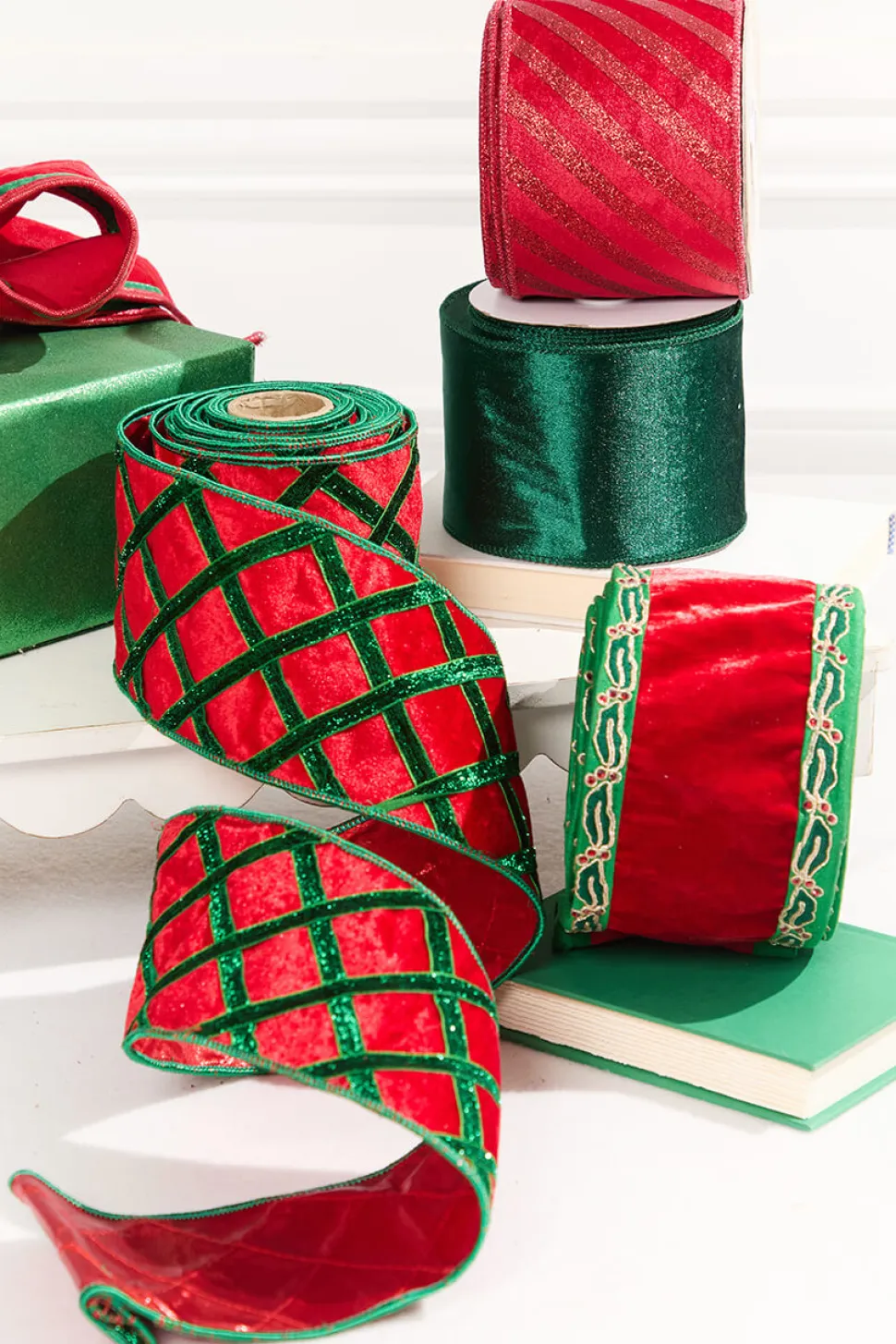 4" x 5 Yard Holly Leaves Edged Red Velvet Ribbon