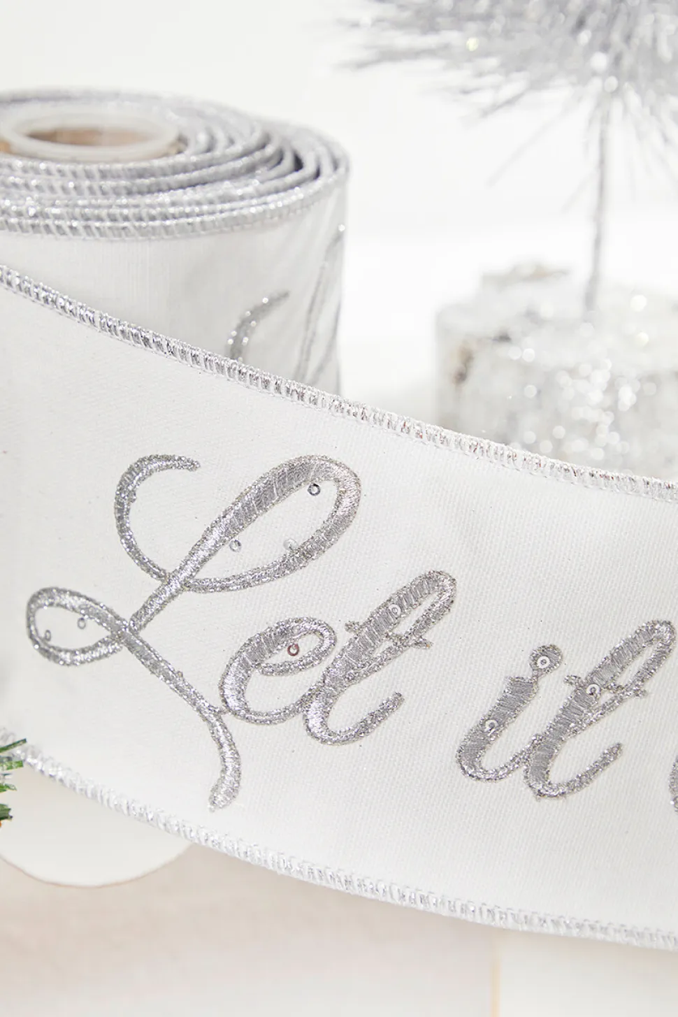 4" x 5 Yard Let It Snow White Embroidered Ribbon