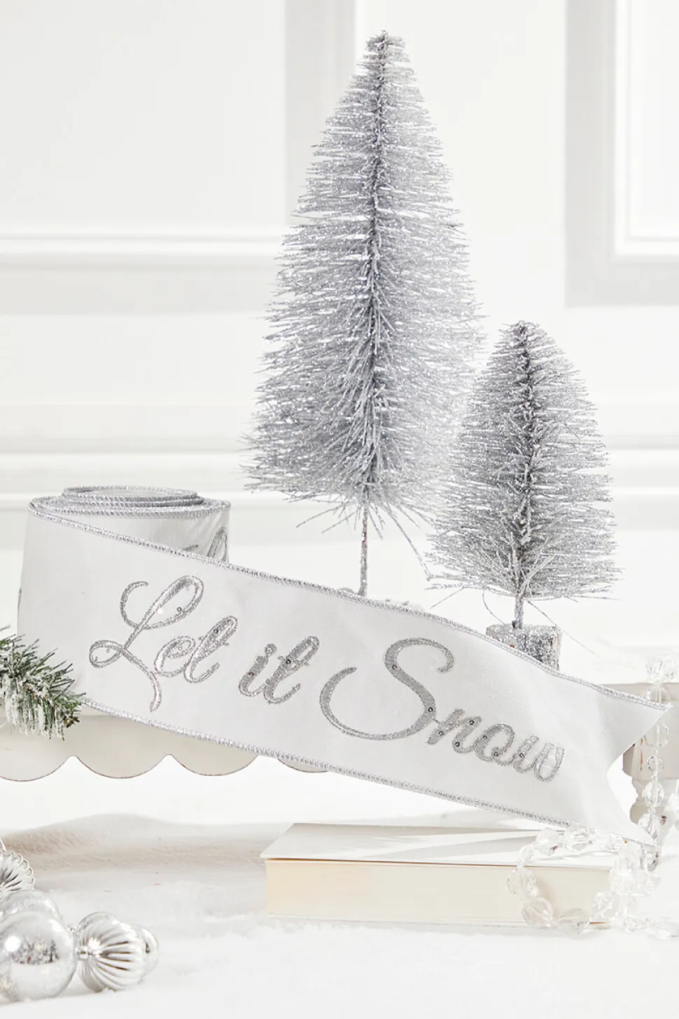 4" x 5 Yard Let It Snow White Embroidered Ribbon