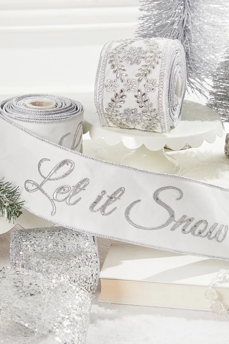 4" x 5 Yard Let It Snow White Embroidered Ribbon