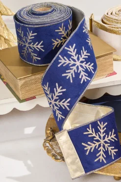 4" x 10 Yard Navy Velvet with Gold Snowflake Ribbon