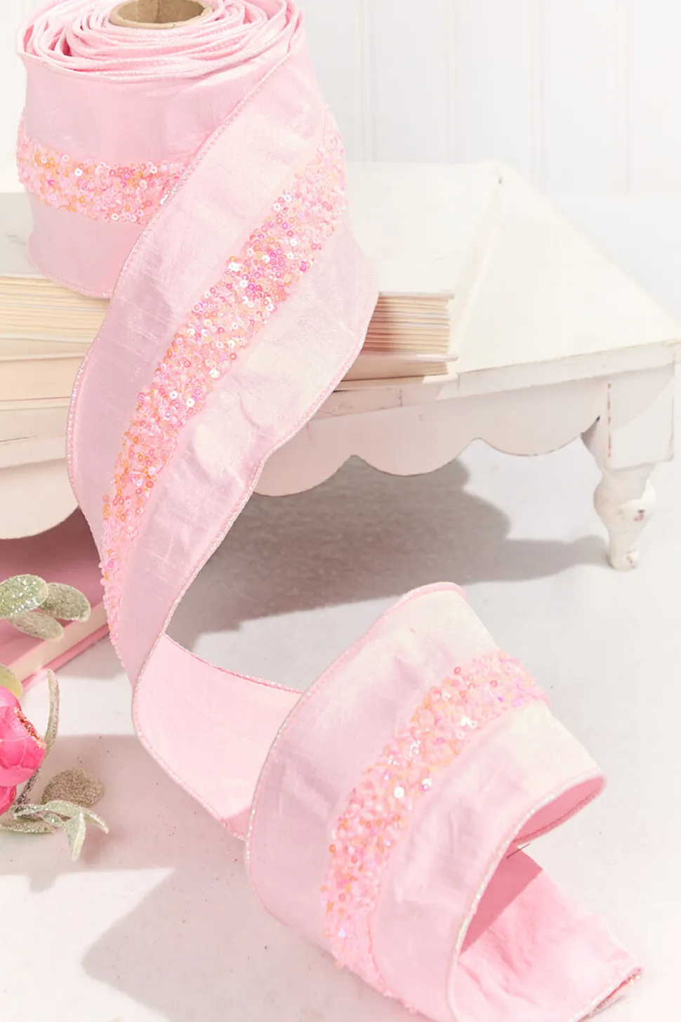 4" x 5 Yard Pink Embellished Center Ribbon