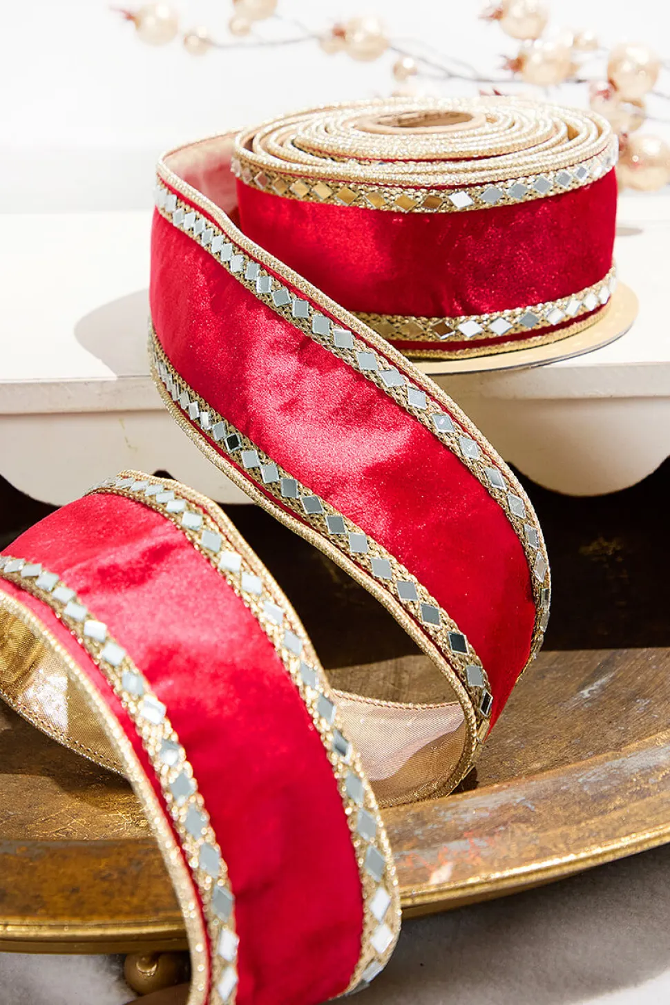 2.5" x 5 Yard Red Dupion with Gold Sequin Trim Ribbon