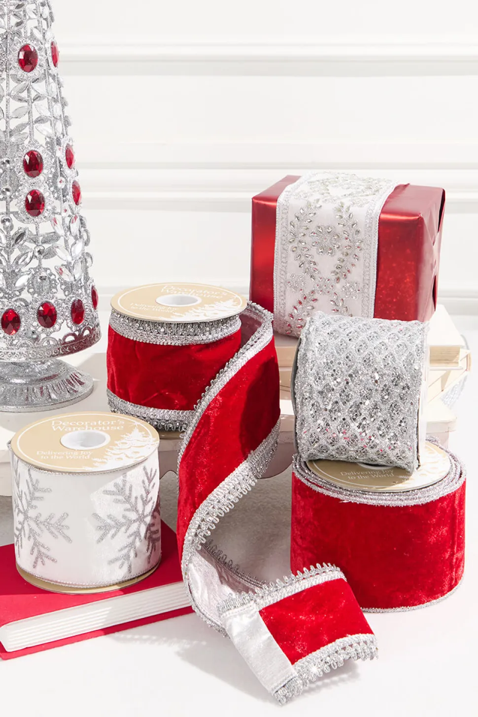 4" x 5 Yard Red Velvet with Silver Jewel Trim Ribbon
